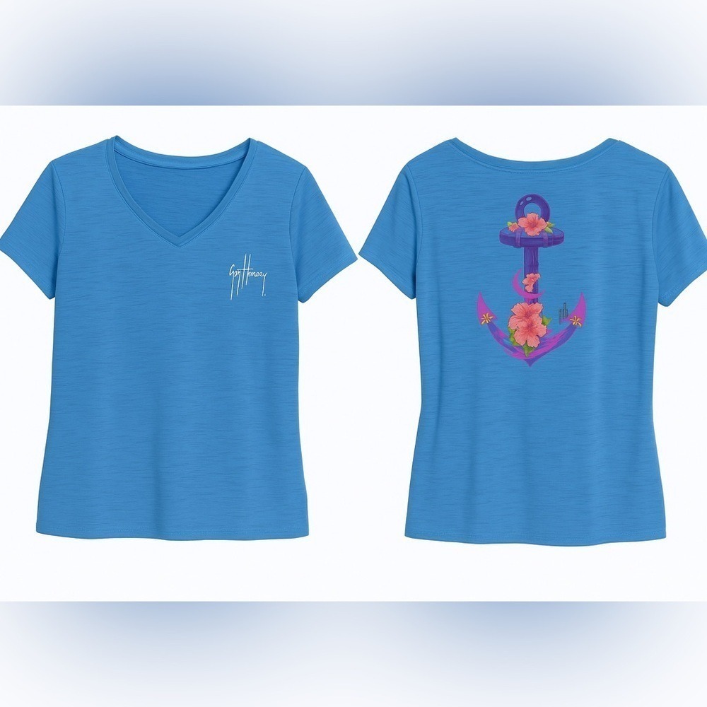 Guy Harvey Women's Blue V-Neck T-Shirt – Size Medium – Excellent Condition